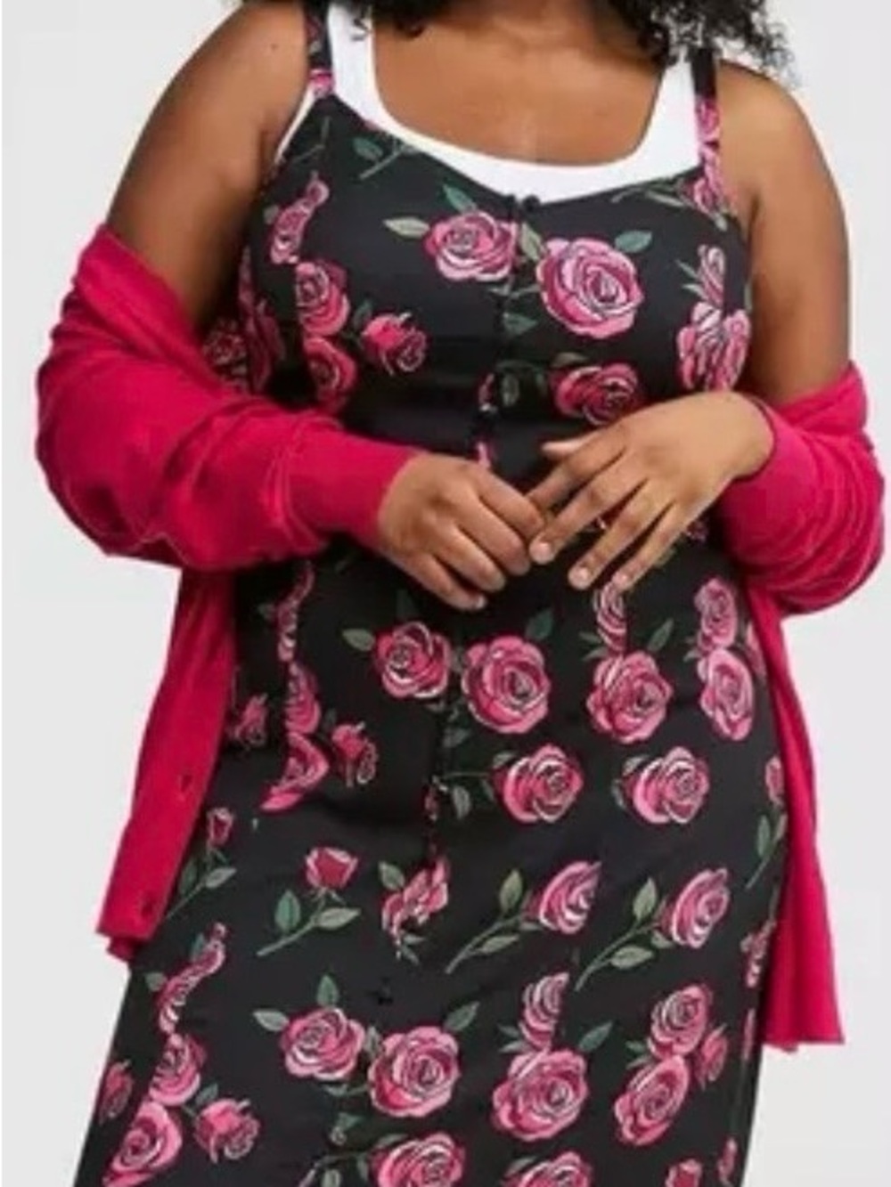 LIKE NEW Torrid Black Midi Dress with Pink Rose Print size 1